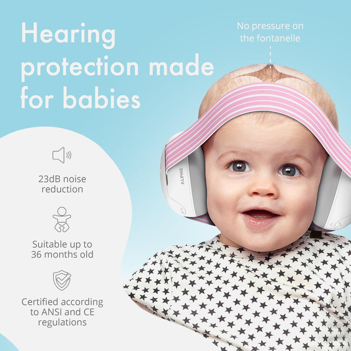 Alpine Muffy Baby Earmuffs in pink, providing hearing protection for babies with no pressure on the fontanelle, featuring 23dB noise reduction, suitable for up to 36 months, ANSI and CE certified.