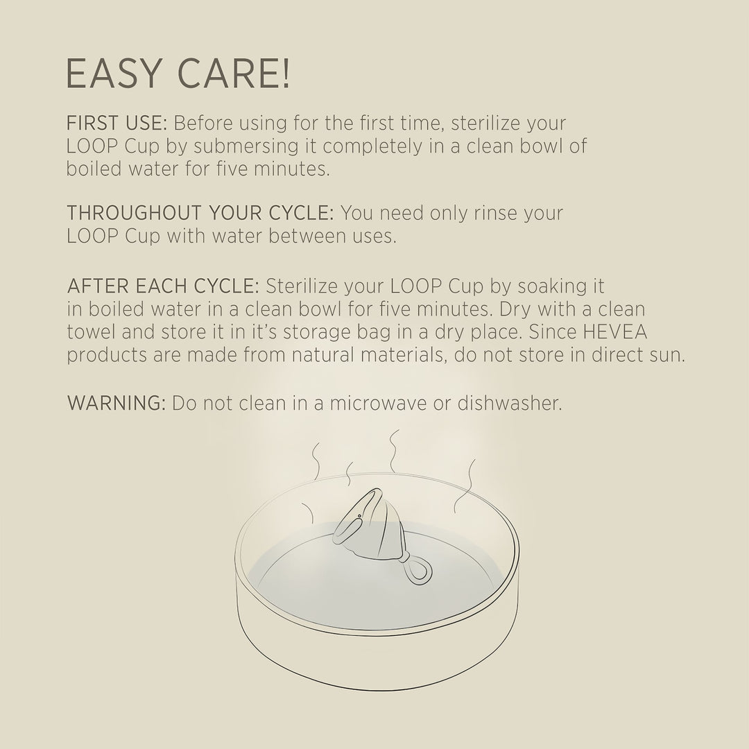 Hevea Loop Menstrual Cup easy care instructions including first use, cycle care, and after cycle sterilization.