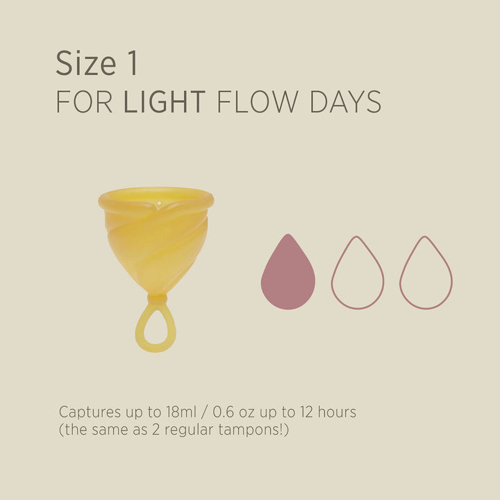 Hevea Loop Menstrual Cup Size 1 for light flow days, holds 18ml up to 12 hours.