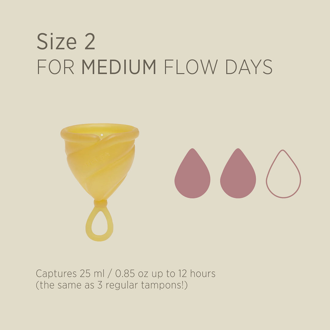 Hevea Loop Menstrual Cup Size 2 for medium flow days, holds 25ml up to 12 hours.