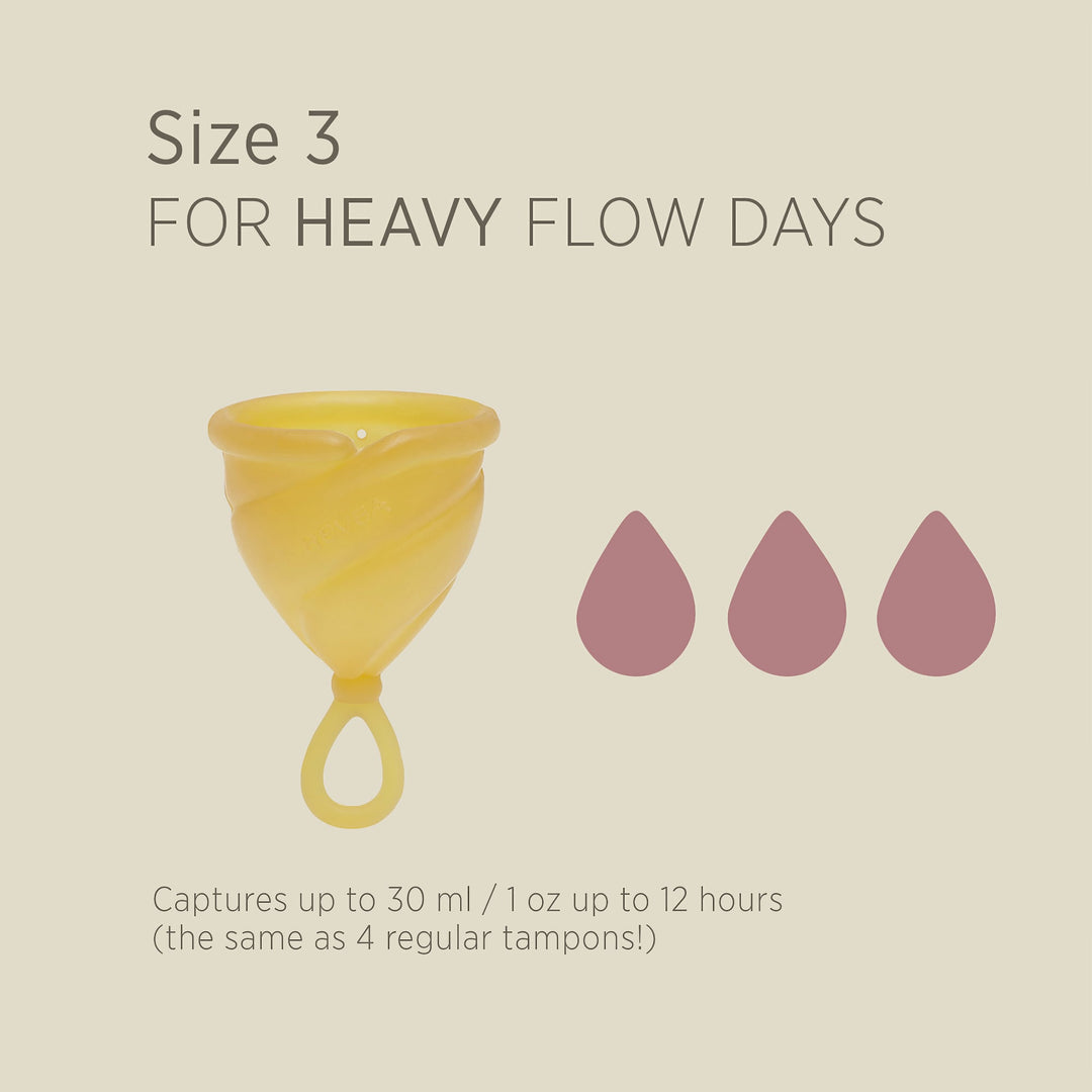 Hevea Loop Menstrual Cup Size 3 for heavy flow days, holds 30ml up to 12 hours.