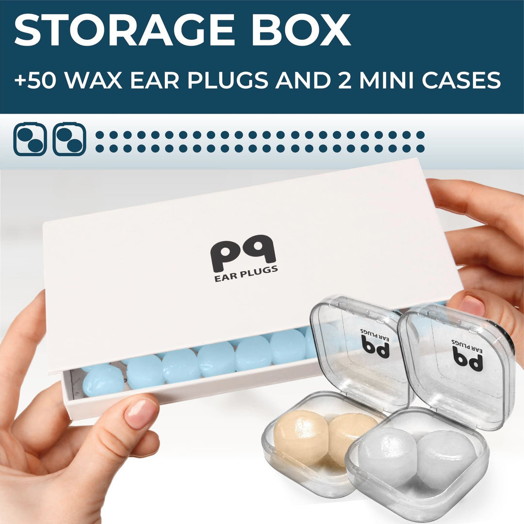 PQ Wax Ear Plugs Blue – 50 wax ear plugs with 2 mini cases in a storage box. Ideal for noise reduction, sleep, and ear protection.