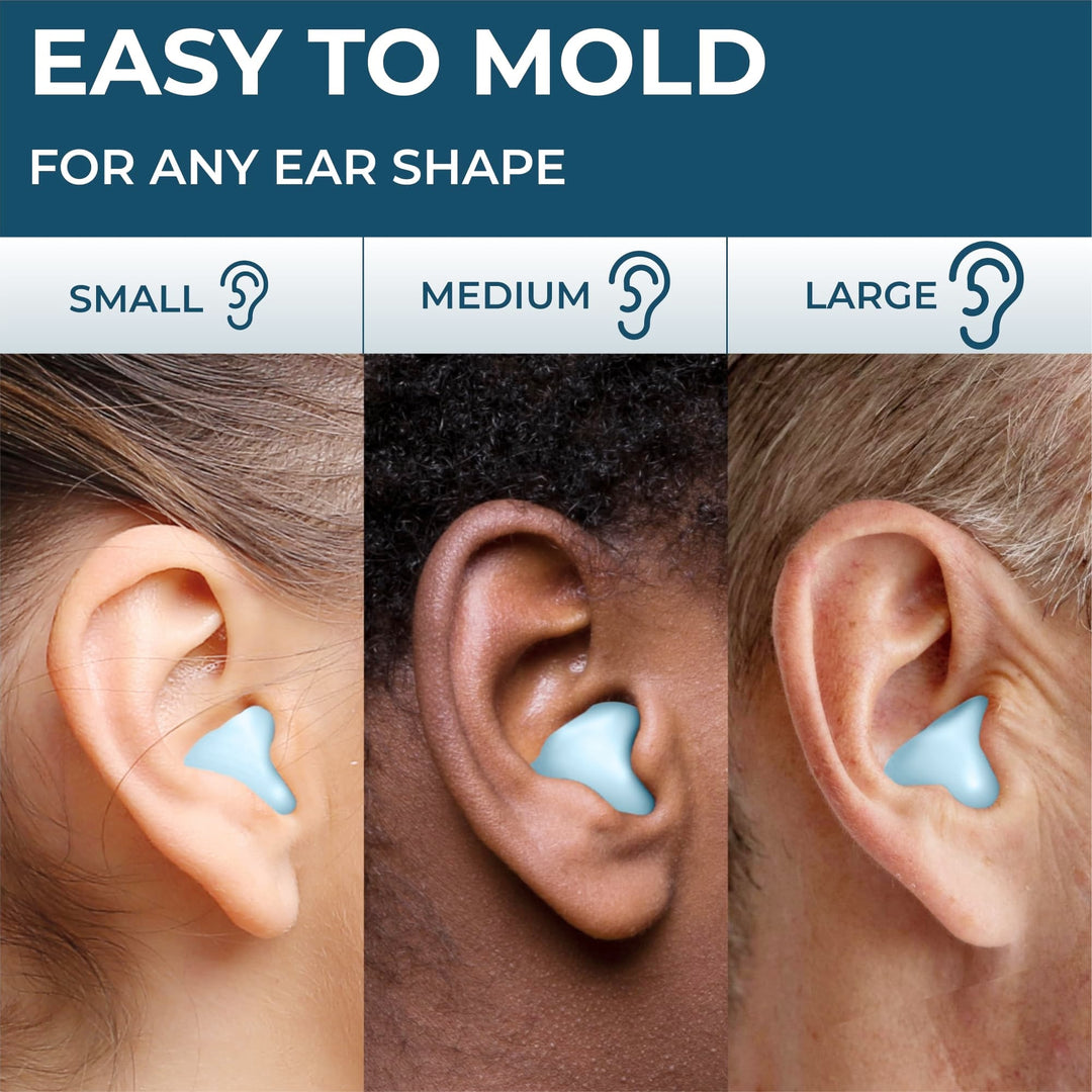 Moldable earplugs for a customized, comfortable fit, suitable for small, medium, and large ears.