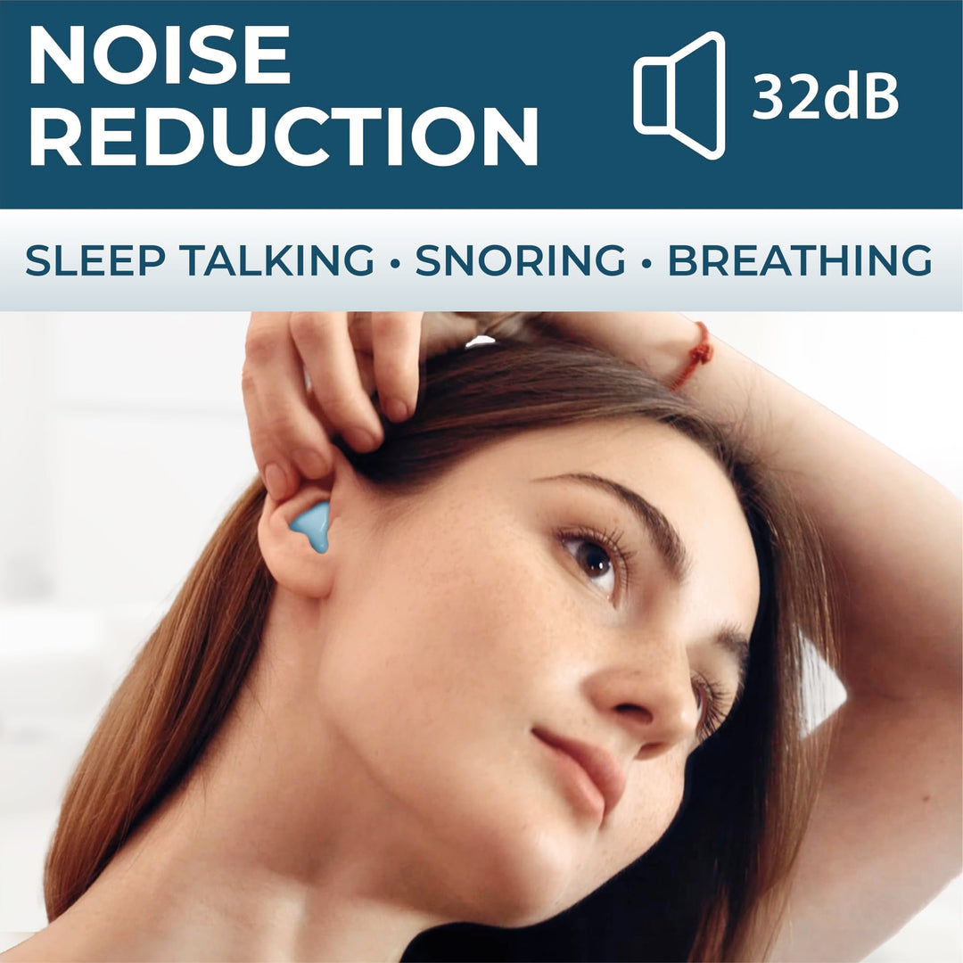 Reusable noise-canceling earplugs designed for blocking sleep talking, snoring, and breathing disturbances.