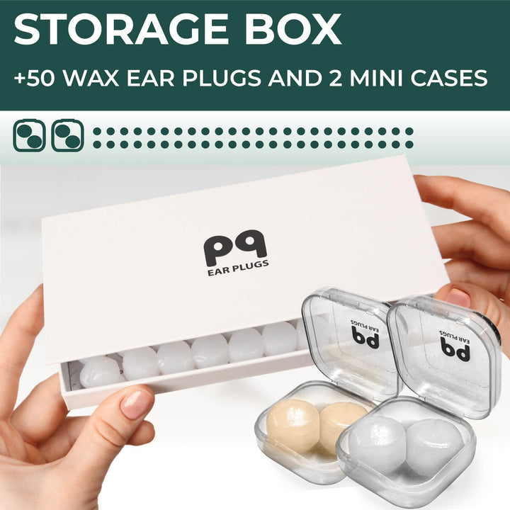 PQ Wax Ear Plugs Classic – 50 wax ear plugs with 2 mini cases in a storage box. Ideal for noise reduction, sleep, and ear protection.