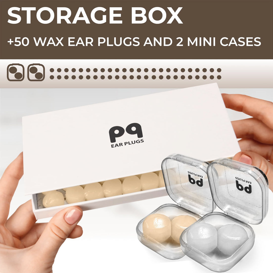 PQ Wax Ear Plugs Skin Tone – 50 wax ear plugs with 2 mini cases in a storage box. Ideal for noise reduction, sleep, and ear protection.