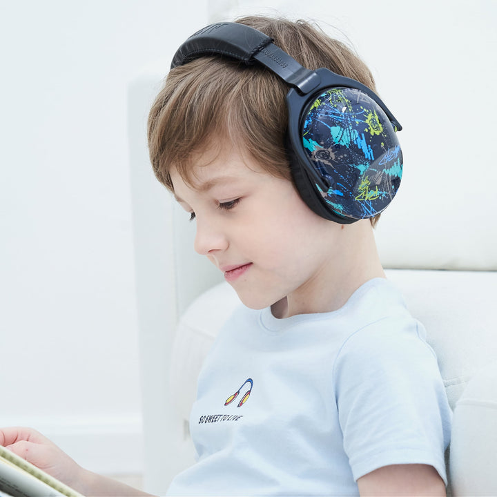 ZOHAN EM030 kids earmuffs Rap design, lightweight noise reduction headphones, child wearing while reading