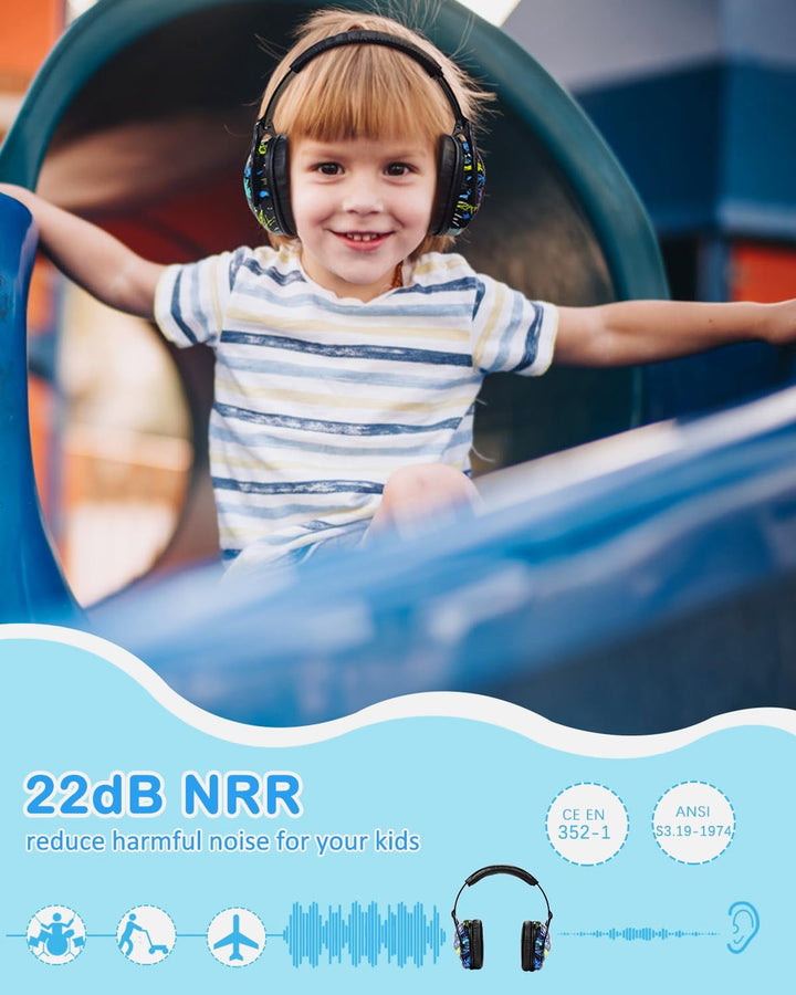 ZOHAN EM030 kids earmuffs with 22dB NRR, protecting hearing during playground play, lightweight and comfortable fit