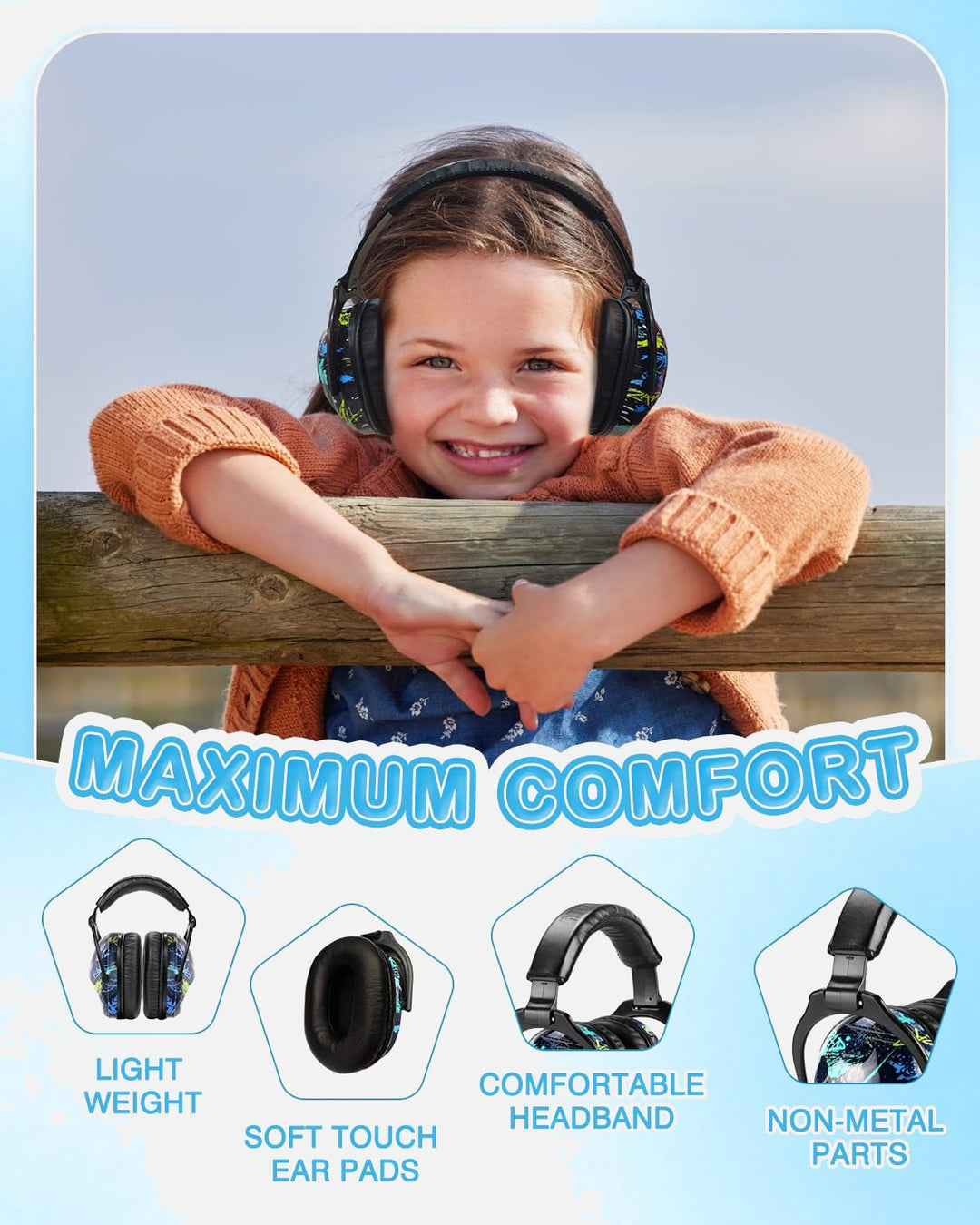 ZOHAN EM030 kids earmuffs with maximum comfort, lightweight design, soft ear pads and non-metal parts for children