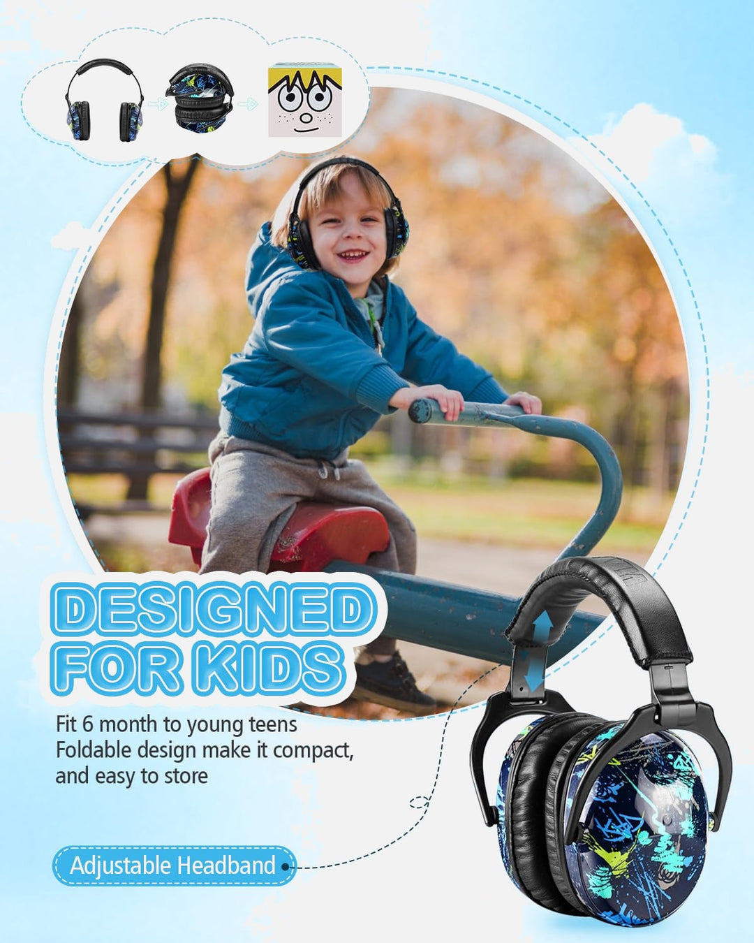 ZOHAN EM030 kids earmuffs with adjustable headband and foldable design, comfortable fit for children during outdoor play