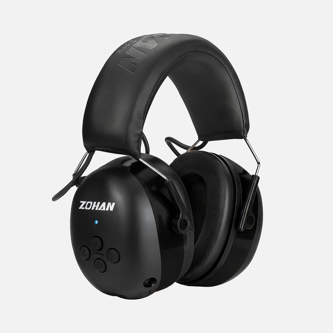 ZOHAN EM037 black Bluetooth hearing protection headphones with padded headband and soft ear cushions, front view