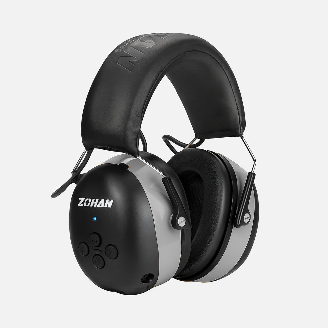 ZOHAN EM037 Bluetooth hearing protection headphones in gray, over-ear design with padded headband and control buttons