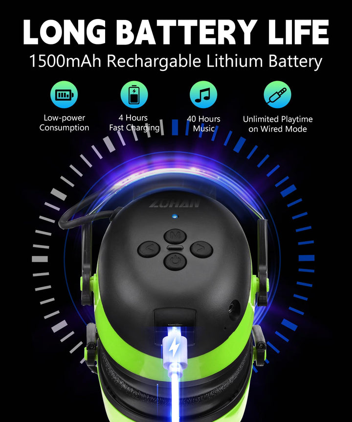 ZOHAN EM037 green Bluetooth hearing protection headphones with 1500mAh battery, 40hrs playtime and wired mode option