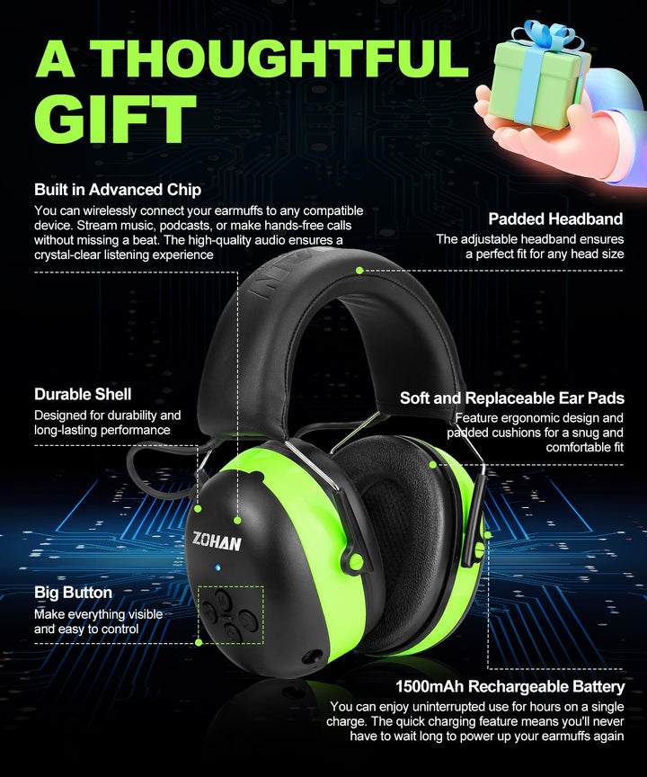 ZOHAN EM037 green Bluetooth hearing protection headphones with padded headband, replaceable ear pads and 1500mAh battery