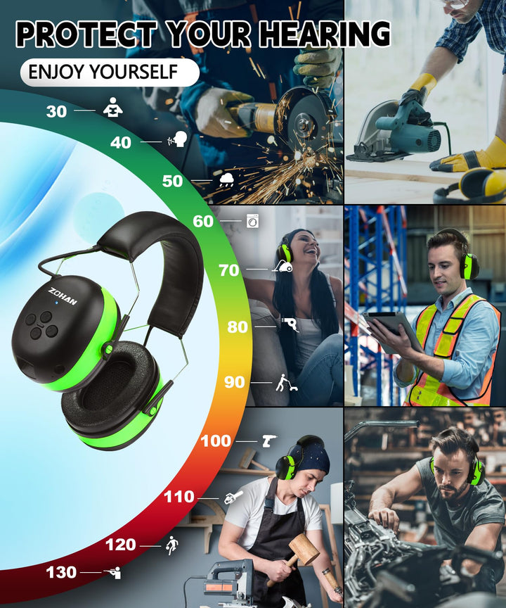 ZOHAN EM037 green Bluetooth hearing protection headphones for noisy environments like grinding, cutting, mowing and welding