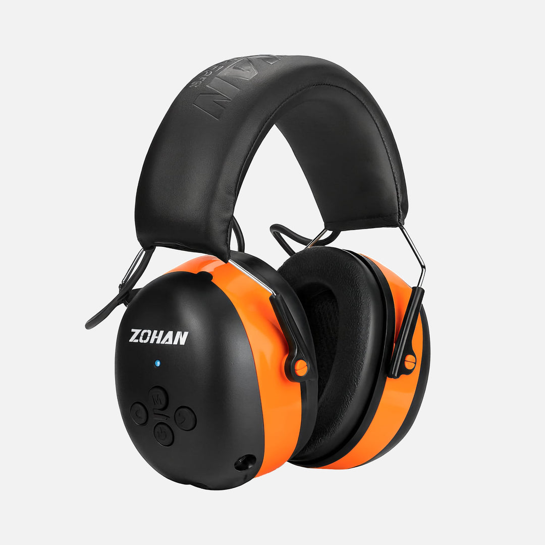ZOHAN EM037 orange Bluetooth hearing protection headphones with padded headband and soft ear cushions, front view