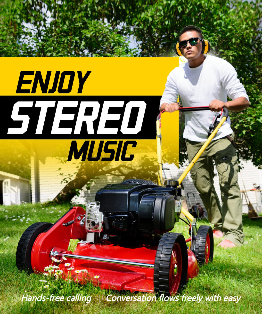ZOHAN EM037 yellow Bluetooth hearing protection headphones for mowing, enjoy stereo music with hands-free calling
