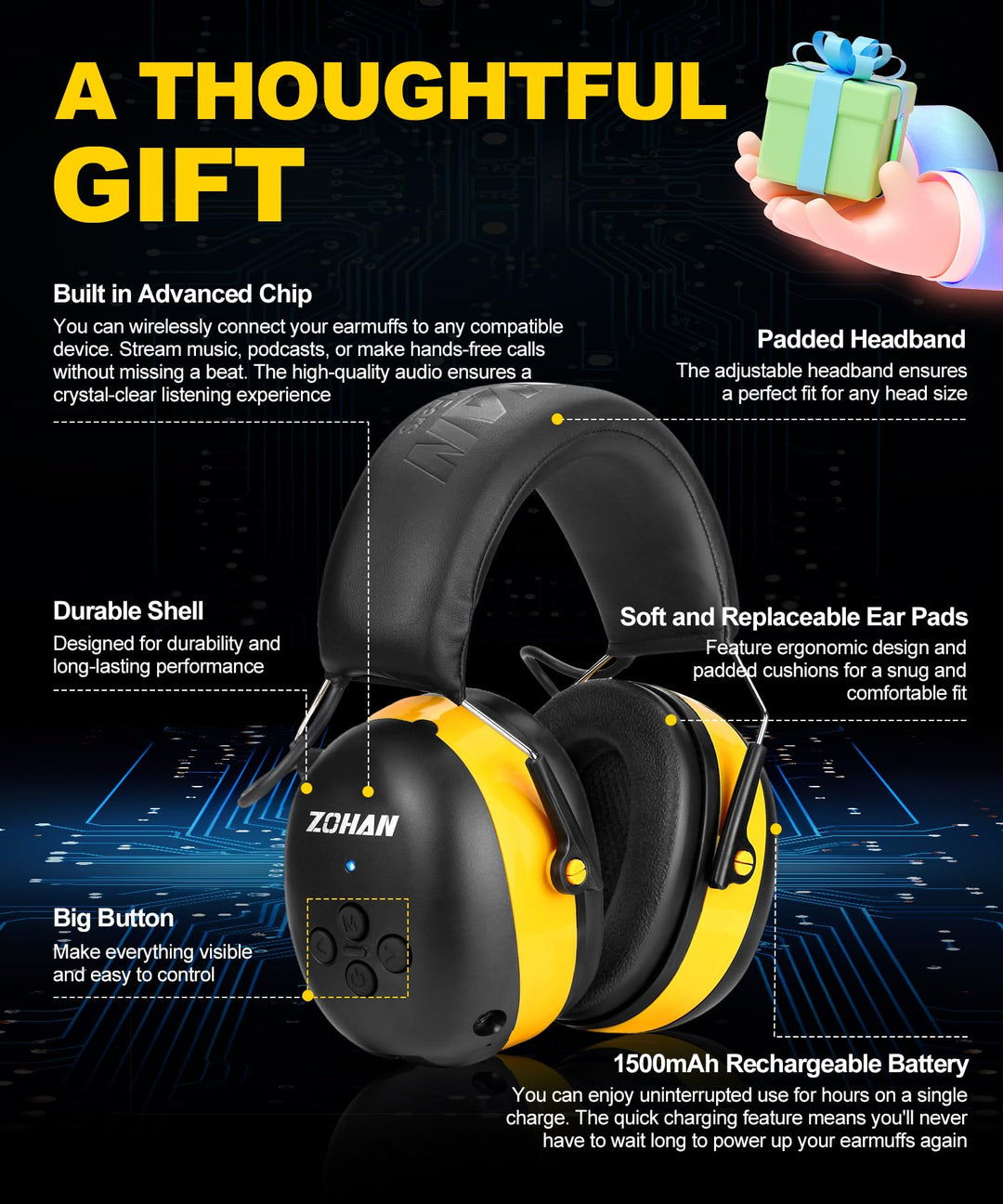 ZOHAN EM037 yellow Bluetooth hearing protection headphones with padded headband, replaceable ear pads and 1500mAh battery