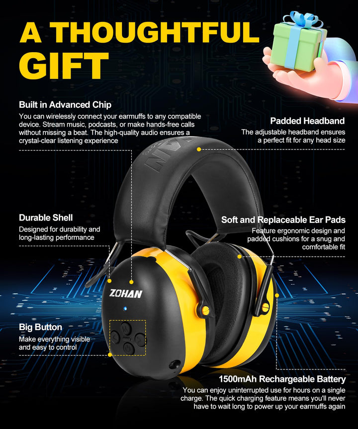 ZOHAN EM037 yellow Bluetooth hearing protection headphones with padded headband, replaceable ear pads and 1500mAh battery