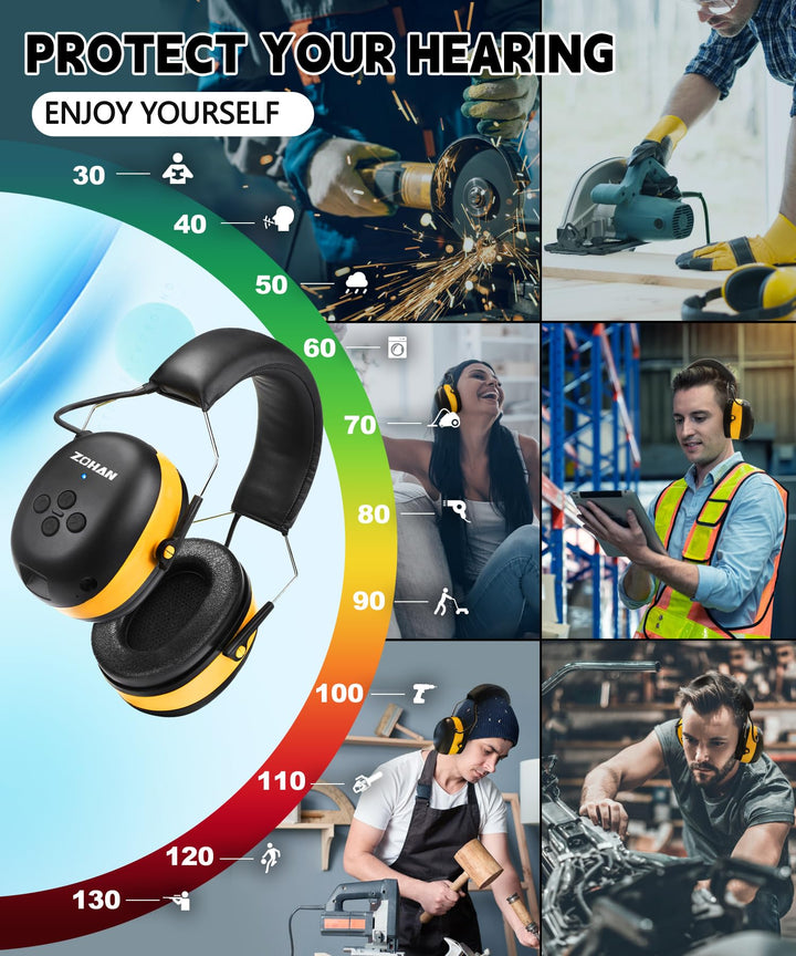 ZOHAN EM037 yellow Bluetooth hearing protection headphones for noisy environments like grinding, cutting, mowing and welding